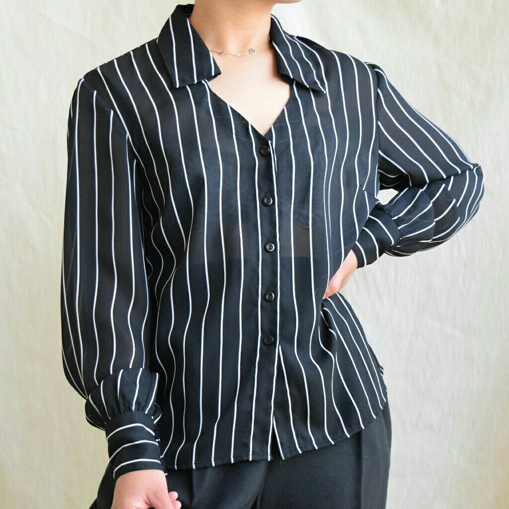 Classic black white sheer dress shirt Small - Picture 8 of 9